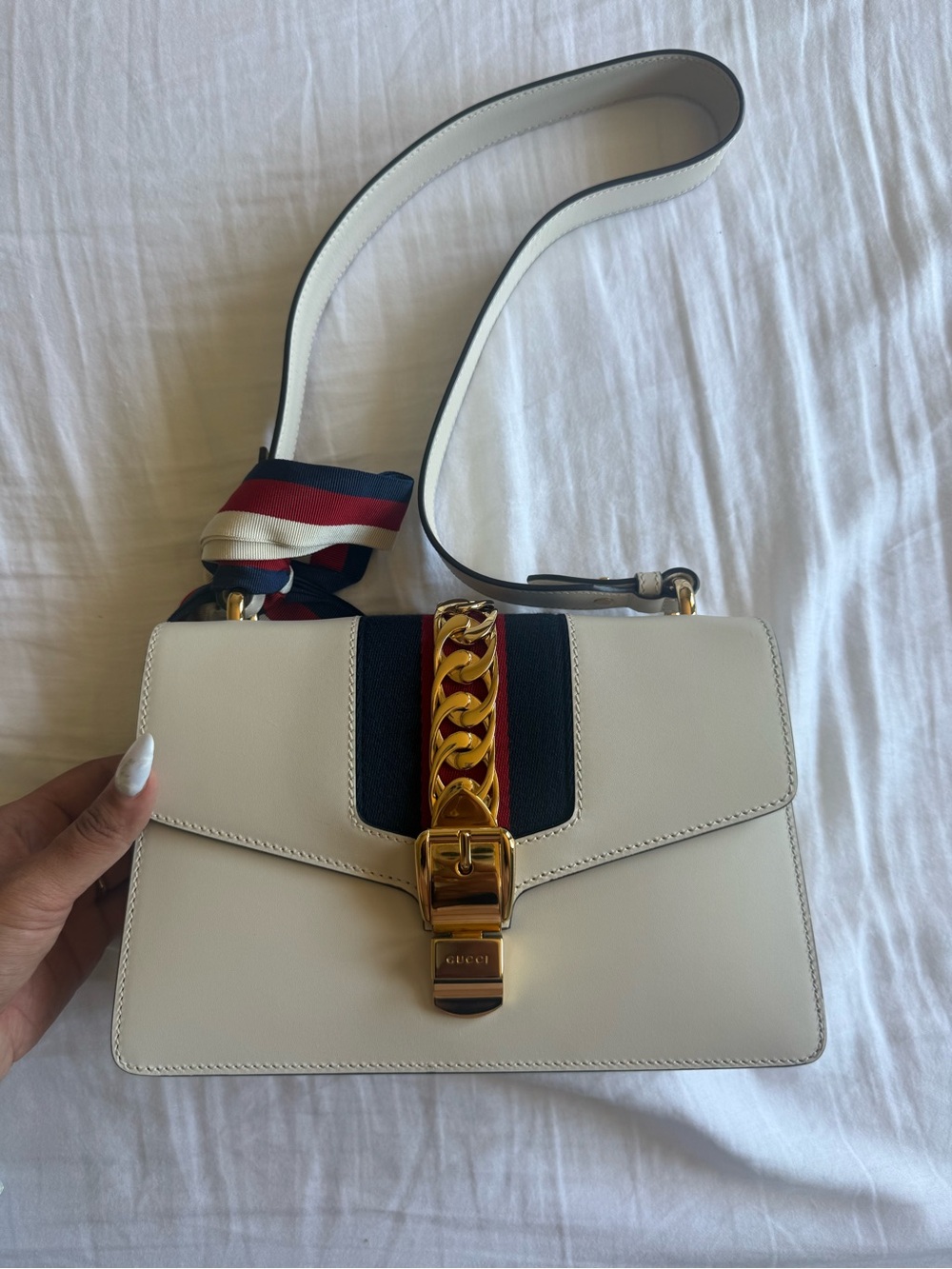 Gucci Off-White Calfskin Sylvie Shoulder Bag with Red & Navy Accents